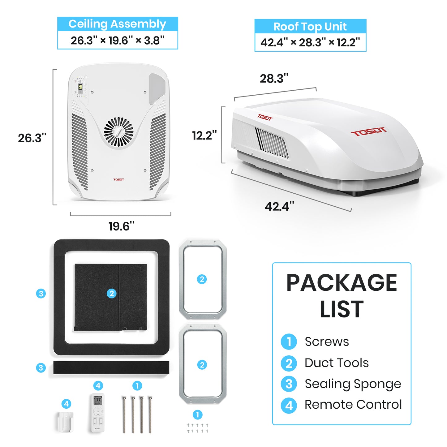 package includes screws, duct tools,sealing sponge,remote control