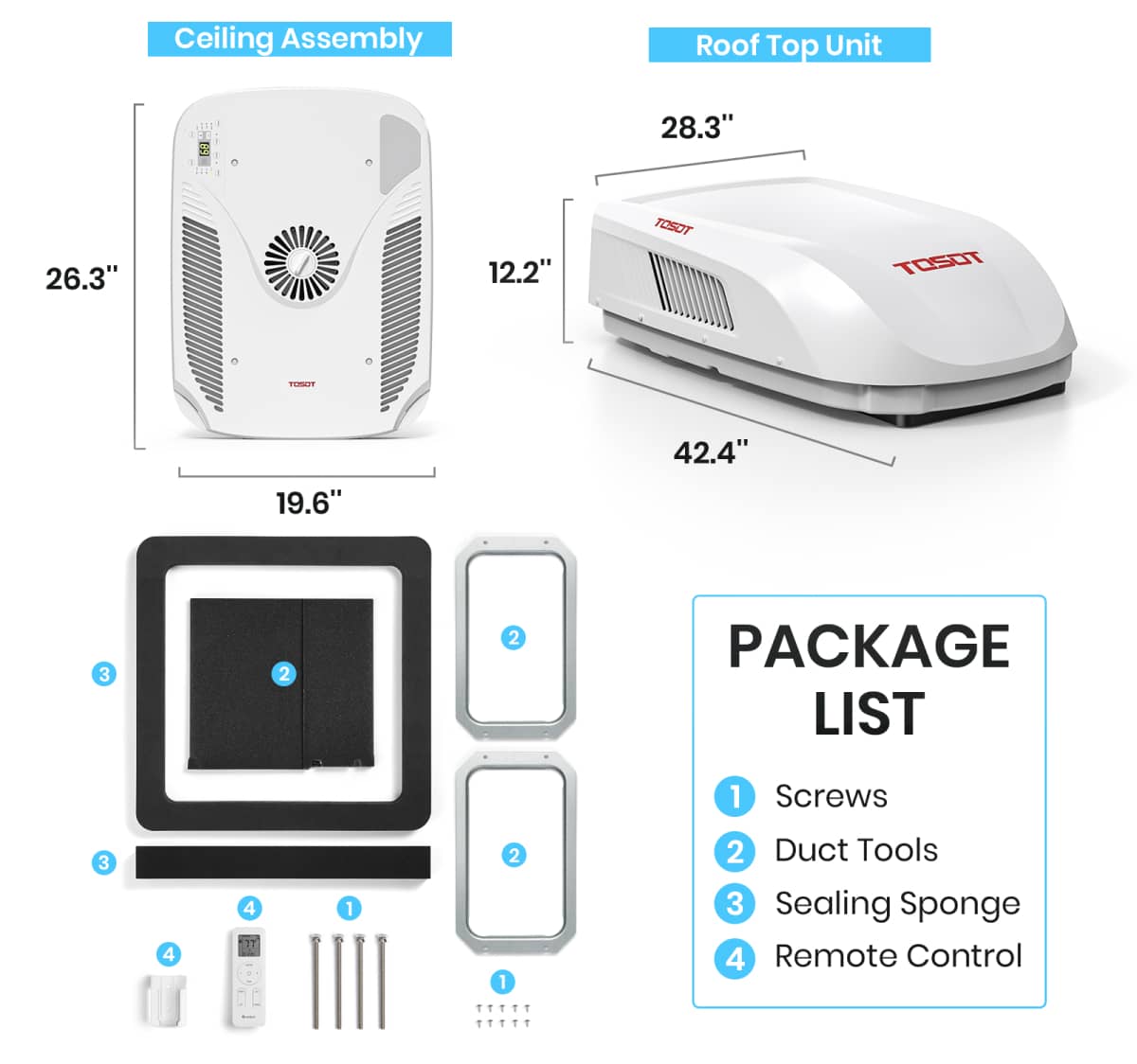 package list: screws, duct tools, sealing sponge, remote control