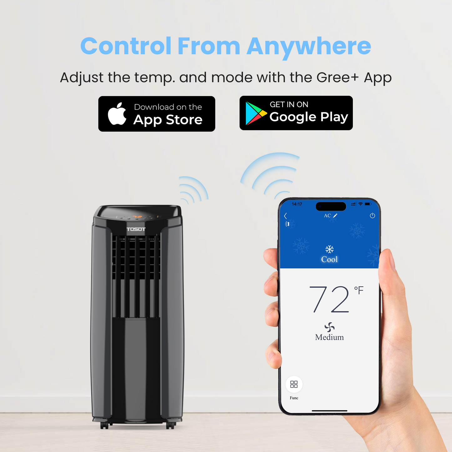 Control from anywhere. adjust the temp. and mode with the Gree+ app