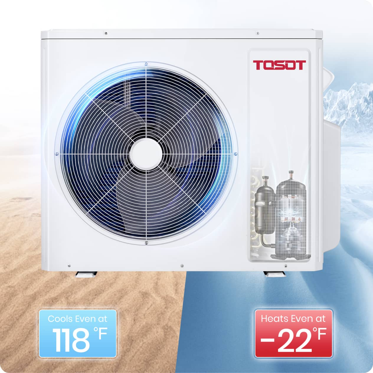 cools even at 118F, heats even at -22F