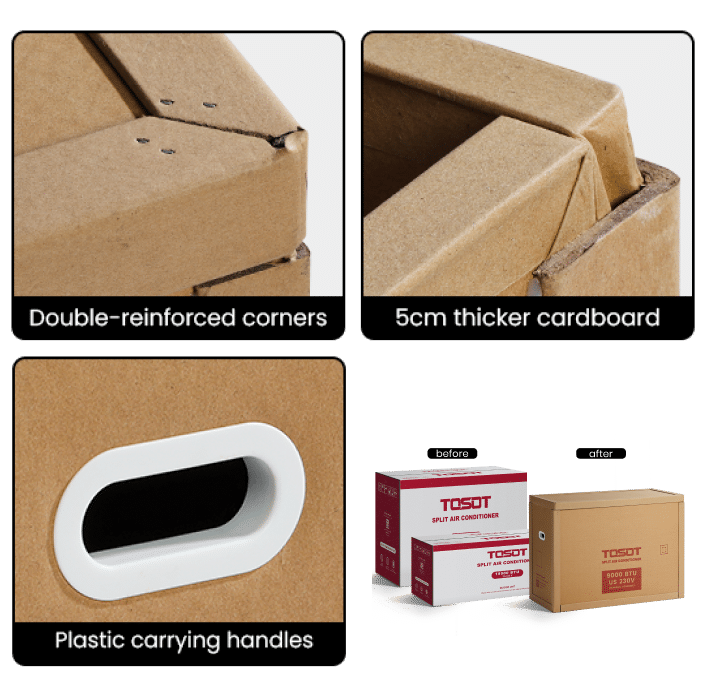 double-reinforced corners. 5cm thicker cardboard. plastic carrying handles.