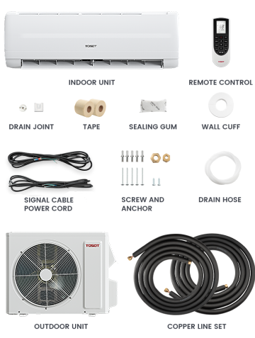 accessories list: remote control, darin joint, tape, sealling gum, wall cuff, signal cable, power cord, screw and achnchore, drain hose, copper line set