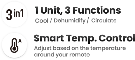 1 unit, 3 functions cool/dehumidify/circulate. smart temp.control: adjust based on the temp around your remote