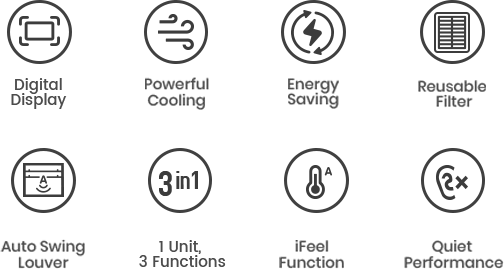 window ac features: digital display, powerful cooling, energy saving, resusable fitler, auto swing louver, 1 unit, 3 fucntions, ifeel function, quiet performance