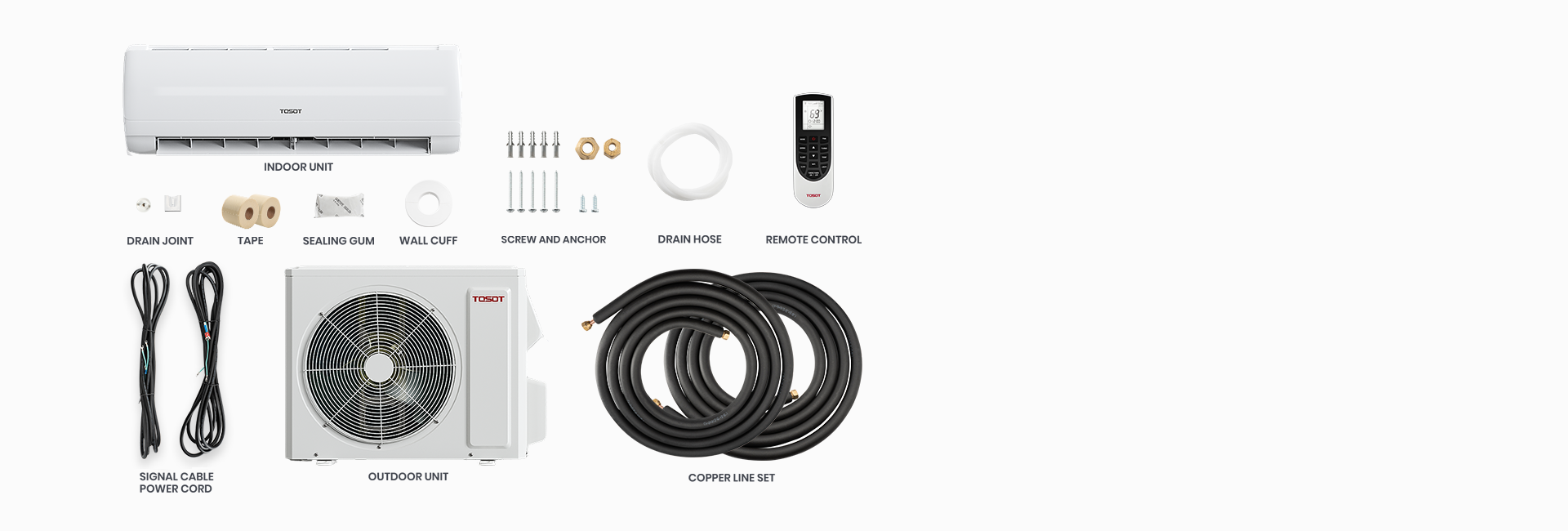 package list: darin joint; tape; sealing gum; wall cuff; screw and anchor; darin hose; remote control; signal cable; power cord; copper line set