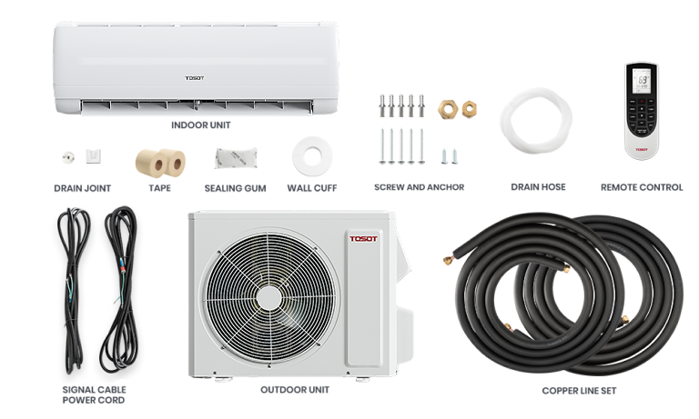 accessories list: remote control, darin joint, tape, sealling gum, wall cuff, signal cable, power cord, screw and achnchore, drain hose, copper line set