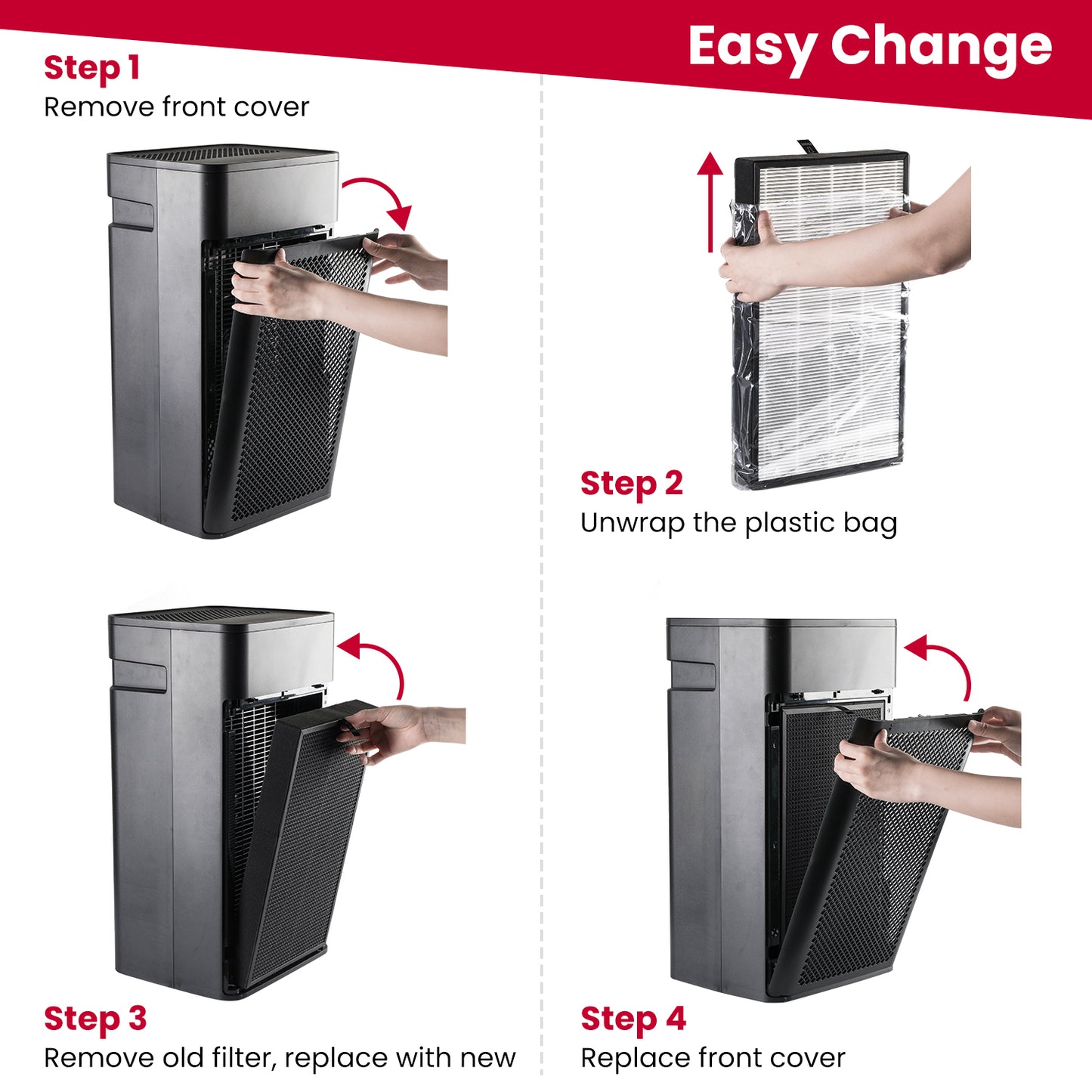 Easy Change
Step 1Remove front cover
Step 2Unwrap the plastic bag
Step 3
Remove old filter, replace with new
Step 4
Replace front cover